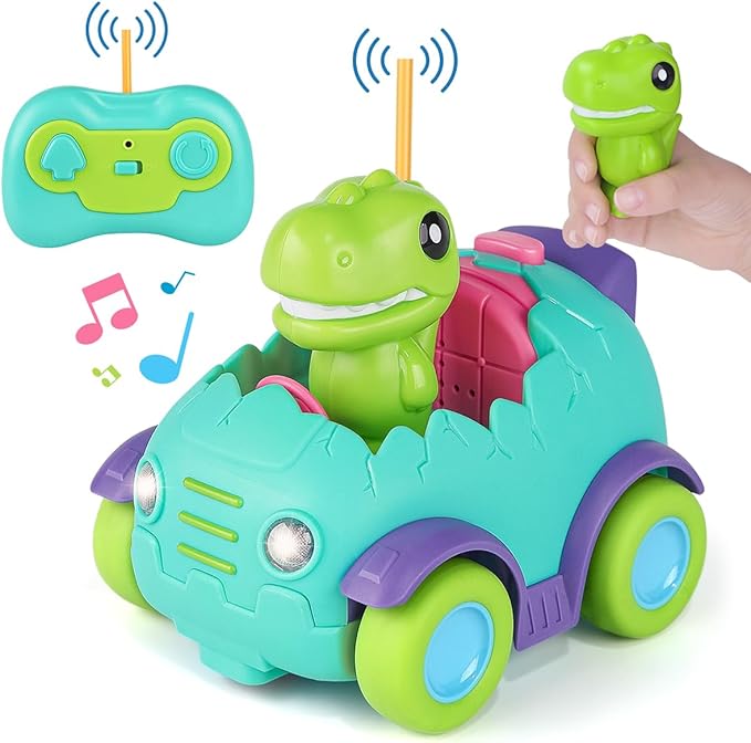 Nueplay Remote Control Car for Toddler Age 2 3 4 5, Electric RC Car Toys with Light & Music, Toddler Dinosaur Toys, Dino Race Car Vehicles, Dinosaur Figures Truck, Birthday Gift for Boys & Girls Green