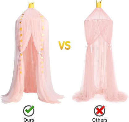 Jolitac Princess Bed Canopy for Girls Room Decor Round Lace Mosquito Net Play Tent Reading Nook Canopies Yarn Girl Dome Netting Castle (Pink)