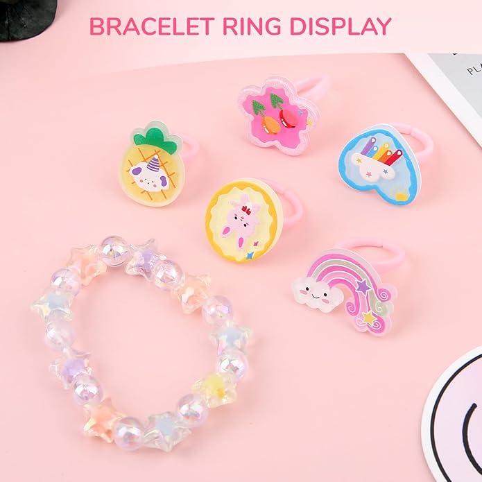 Little Girl Jewel Rings, Adjustable Pink Rings Girls Kids Pretend Play and Dress up Jewelry Set, Cute Rings with Display Case Party Favors Toys Gifts