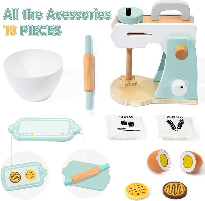 Play Kitchen Accessories, Frogprin Wooden Toy Mixer Set, Pretend Play Food Sets for Kids Kitchen - Includes Extra Egg, Rolling Pin, Cookies, Sugar, Flour