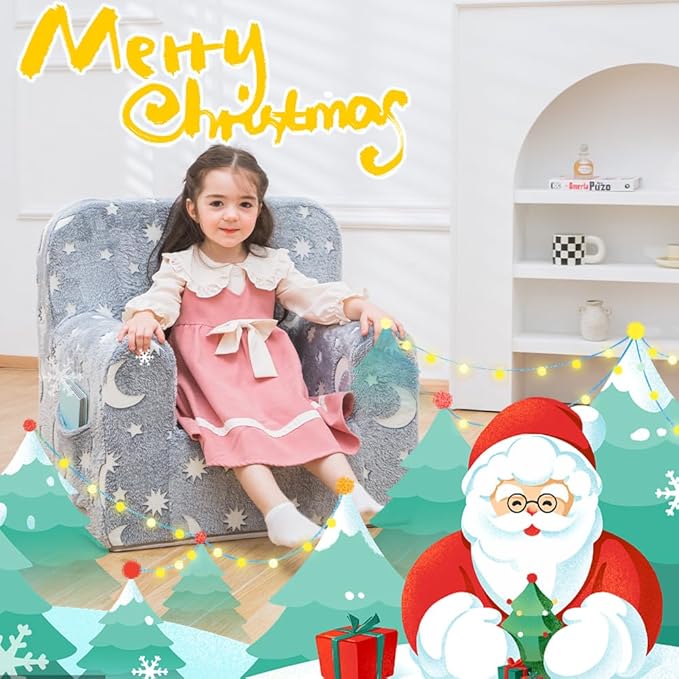 Snuggly-Soft Cuddly Toddler Plush Armchair for Boys and Girls Fuzzy Plush Kids Sofa Couch Reading Chair with Children Friendly Handle for Easy Movement & Double Pockets for Storage, Glowing Grey