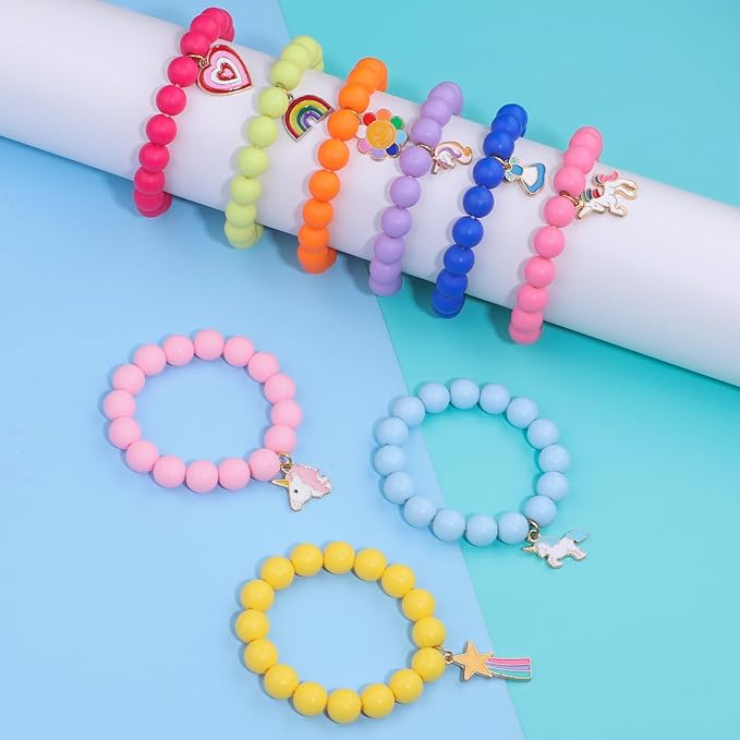 9Pcs Bead Bracelet for Kids Girls Colourful Beads for Kid Rainbow Sunflowers Unicorns Pendant Beaded Bracelet for Party Favor