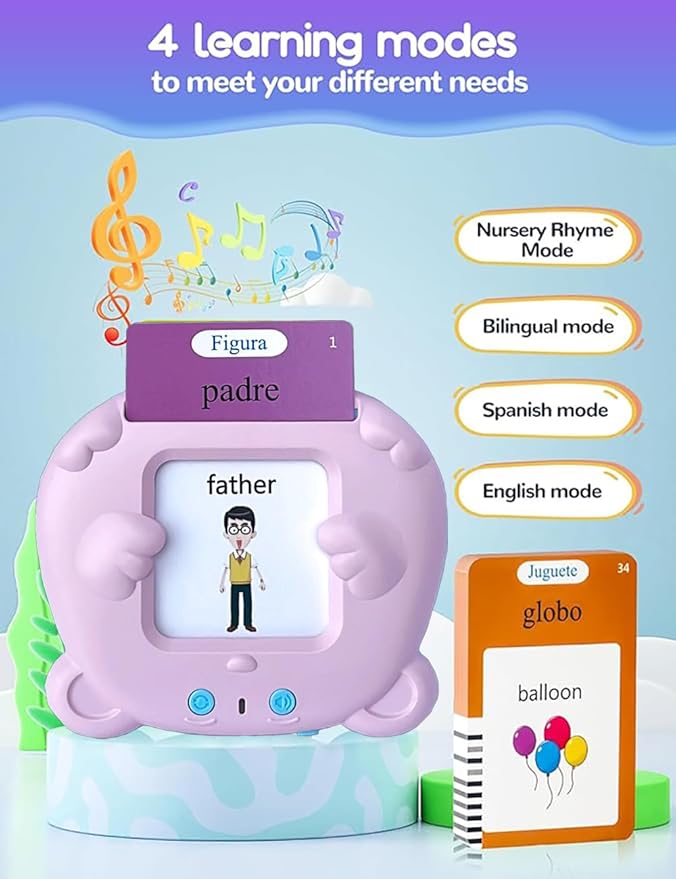 RT&BS Spanish Talking Flash Cards for Toddlers, Bilingual English Spanish Flash Cards for Kids, Spanish Flash Cards for Kids, Gift for Kids Children, 510 Sight Words Pink Bear