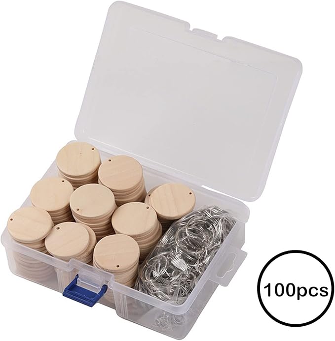 100Pcs Round Wood Circles with Keychain,Blank Round-Shaped Wooden Keychain Set with 100Pcs Wood Blanks,100Pcs Keychain Rings with Chain,100Pcs Open Jump Rings for DIY Crafts Decorations Ornaments