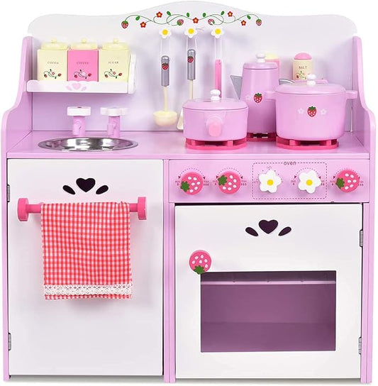 Fireflowery Wooden Play Kitchen, Play Cooking Set w/Sink, Stovetop, Fridge, Microwave, Pretend Kid Kitchen Set for Toddlers, Gift for Ages 3+