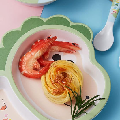 Bamboo Kids Dinnerware Set 5 Pcs Includes Plate Bowl Cup Fork Spoon Perfect for Kids BPA-Free (Little Dinosaur)