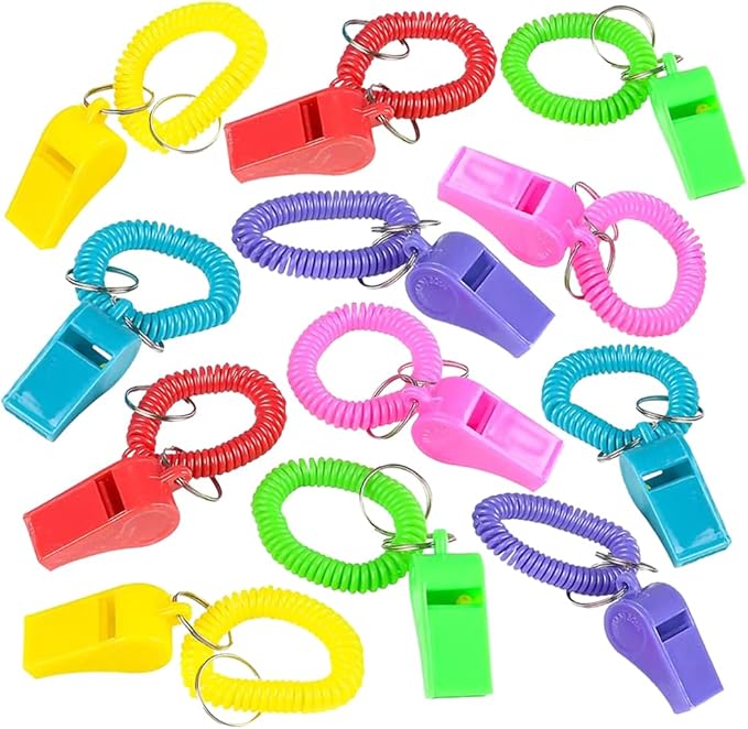 ArtCreativity Spiral Whistle Bracelets with Keychain, Set of 12, Kids’ Party Noisemakers, Variety of Colors, Sports Party Favors, School Sports Supplies, Great Party favor, Goody Bag Fillers
