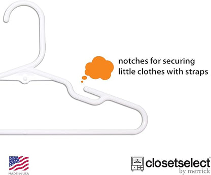 30 Pk Kids Children Hangers Plastic Made in USA, for Children, Infant, Toddler, Baby Clothes, White, 30 Pack Non-Slip