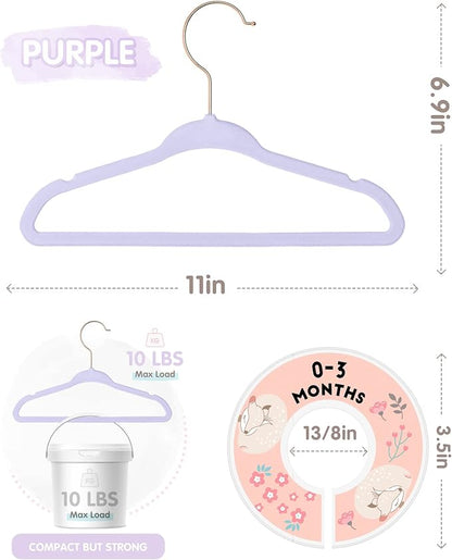 Baby Hangers, VIS'V 11 Inch Lavender Velvet Kids Hangers with 6 Pcs Size Dividers Non Slip Nursery Children Closet Clothes Hangers for Infant Toddler Girls and Boys 30 Pcs