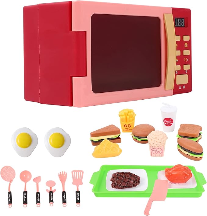 Toy Microwave Oven Playset with Light and Sound, Toy Kitchen Appliances for Kids, Play Kitchen Accessories and Toy Food for Toddlers 3 Year Old Up Girls Boys, Red