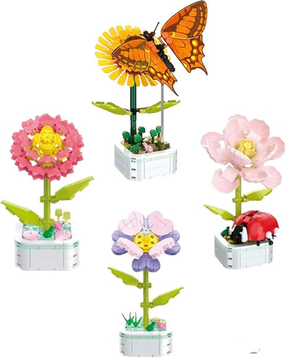 Flower Bouquet Building Set with Base, Flower Building Set Artificial Plant Flowers Building Blocks for Home Office Decor, Birthday Gifts, Desktop Trinkets Age 6+