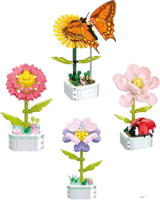 Flower Bouquet Building Set with Base, Flower Building Set Artificial Plant Flowers Building Blocks for Home Office Decor, Birthday Gifts, Desktop Trinkets Age 6+