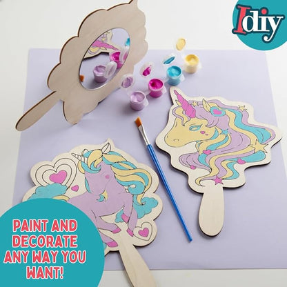 Idiy Paint Your Own Mirror Kids Party Craft Kits(12 Unicorn Friends Wood Mirrors w Paints)-Each Kit Has its Own Brush, Paint, & Project-Fun, Unique Birthday Favors, Classroom School Activity Gift