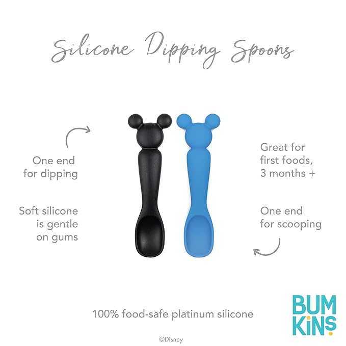 Bumkins Disney Baby Utensil Set, Silicone Trainer Spoons for Dipping, Soft Tip, Self-Feeding, Chew, Baby Led Weaning, First Year Training Supplies, Essentials First Eating, 4 Mos, 2-pk Mickey Mouse