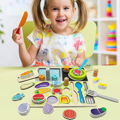 Wooden Play Food Sets for Kids Kitchen Toys Kitchen Playset Accessories Early Education Toys for 3 4 5 6 7 8 Years Old Girls and Boys Gifts (Kitchen Cooking)
