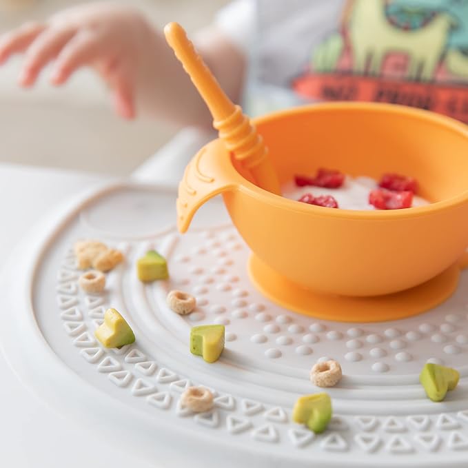 Bumkins Baby Bowl, Silicone Feeding Set with Suction for Baby and Toddler, Includes Spoon and Lid, First Feeding Set, Training Essentials for Baby Led Weaning for Babies 4 Months Up, Tangerine