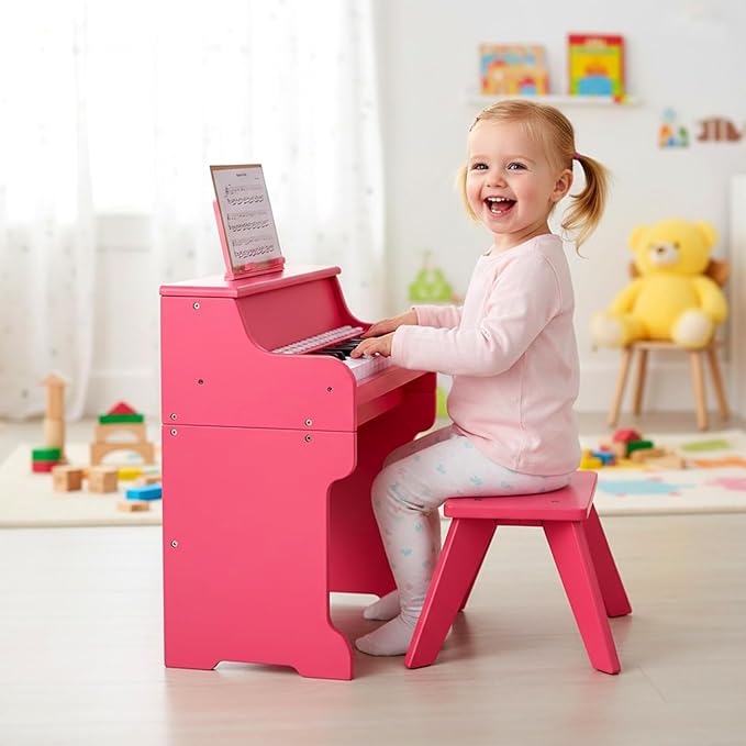 HONEY JOY Wooden Kids Piano, 25 Lighted Keys Kids Keyboard Piano w/Music Stand, Bench, Early Learning Educational Musical Instrument, Baby Music Toy for 3+ Years Old Toddlers Boys Girls (Pink)