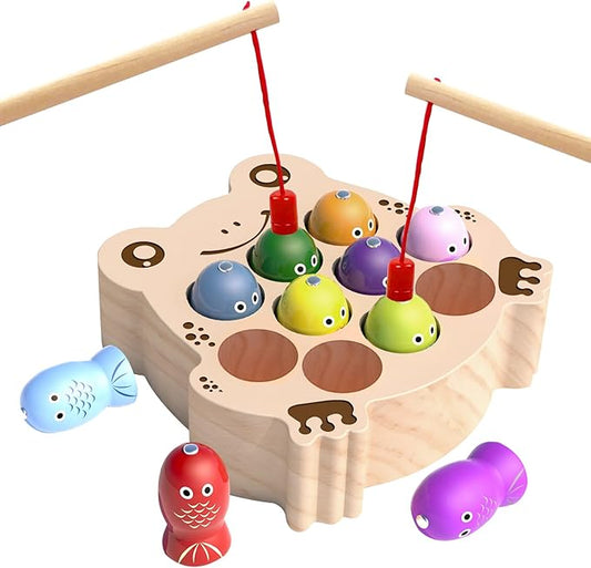 Wooden Magnetic Fishing Game for Toddlers 1-3, Frog Fishing Color Sorting Montessori Sensory Preschool Educational Learning Fine Motor Skills Toys for 3 4 5 Years Old Boys Girls