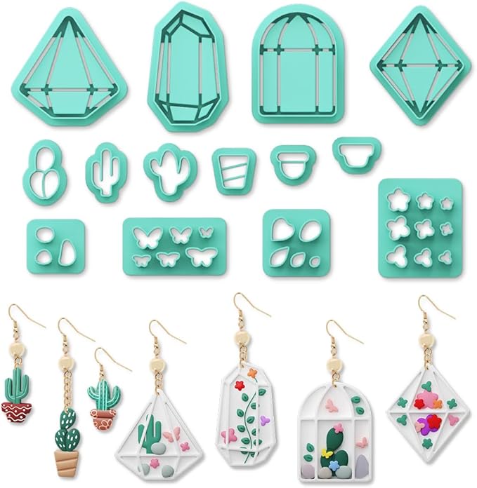 ORIGACH 14 Pcs Terrariums and Cactus Polymer Clay Cutters， Flower House Design Clay Cutters for Polymer Clay Jewelry Earrings with a Clear Storage Box
