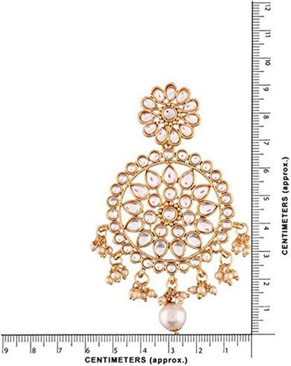 Aheli Ethnic Faux Kundan Drop Pearl Beads Dangle Earrings Maang Tikka Set Bollyood Fashion Jewelry for Women & Girls