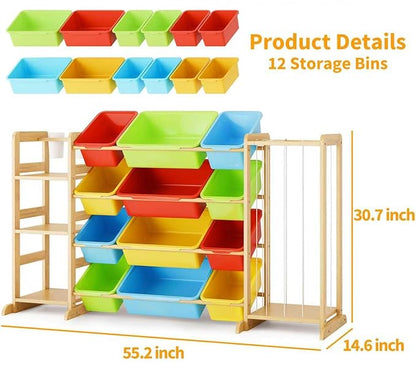 mirolam Storage Organizer with Bookshelf and Stuffed Animal Storage - Playroom Organization with Shelves and 12 Bins - Living Room Box for Lego - Bedroom Decor Essentials