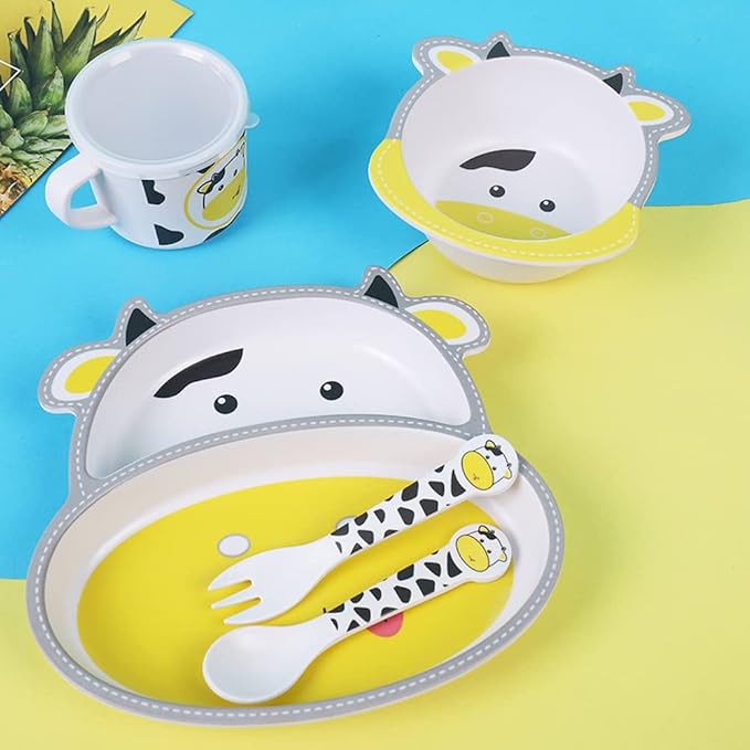 Bamboo Kids Dinnerware Set 5 Pcs Includes Plate Bowl Cup Fork Spoon Perfect for Kids BPA-Free (Cute Cow)