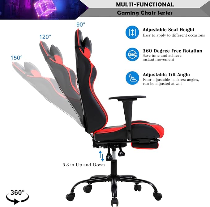Gaming Chair Racing Style Office Computer Game Chair Ergonomic Desk Chair with Headrest Lumbar Support, High Back Gamer Office Chair Recliner Video Game Chairs for Kids or Adults,Red