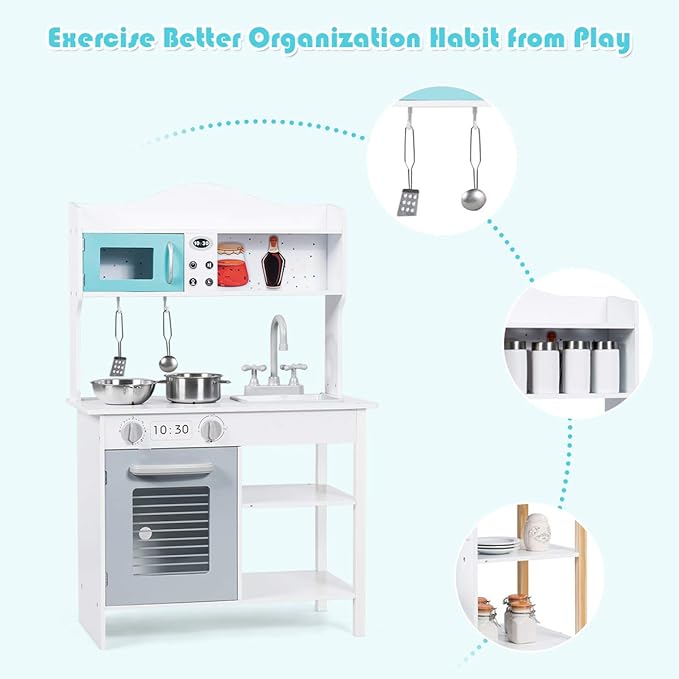 HONEY JOY Kids Kitchen Playset, Toddlers Wooden Play Kitchen Set w/Microwave, Sink, Stove & Oven, Cookware Utensils, Large Storage Shelf, Little Chef Pretend Play Toy Kitchen Set for Boy Girl Age 3+
