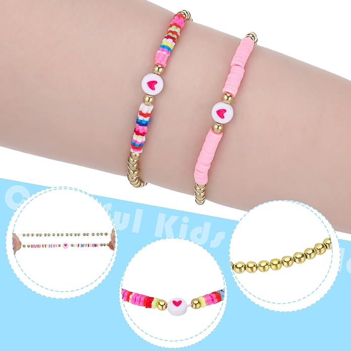 Sureio 24 Pcs Colorful Groovy Retro Friendship Bracelets Heart Hippie Surfer Friendship Bracelets Stretch Beaded Kids Bracelet for Tween Girls Women Groovy Party Favors