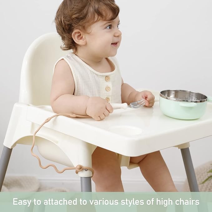 Baby Spoons Self Feeding 6 Month,SMAutoLife Toddler Utensils Holder Strap Food Grade Silicone Keep Fork and Spoon Off The Floor Great for Kids,Hook On High Chair(Apricot)