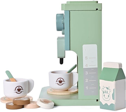 Kids Wooden Toys Toddler Pretend Play Kitchen Accessories Green Coffee Maker Espresso Machine Playset Montessori Kitchen Toy Gift for Girls and Boys