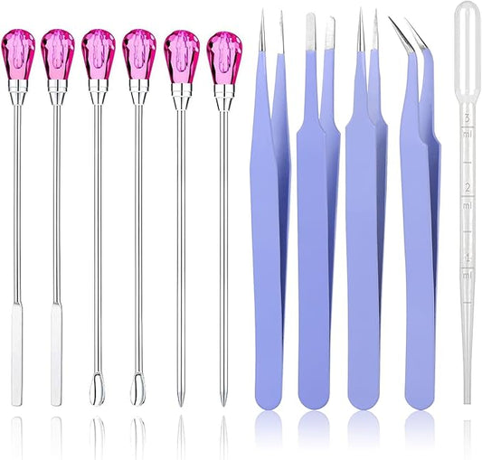11 Pcs Silicone Resin Mold Tools Set Stirring Needle Spoon Tool Tweezers Precision Kit, Anti-Static Electronics Tweezers Set for Resin Art Crafts,Jewelry Making,Epoxy Casting Molds-Rose Red & Purple