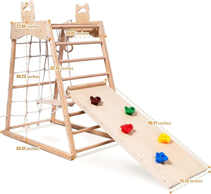 Jungle Gym Indoor (8 in 1) Wooden Indoor Playground, Toddler Wooden Climbing Toys, Montessori Playset, Gym with Slide, Climbing Net, Swing, Tent, Gymnastics Ring…