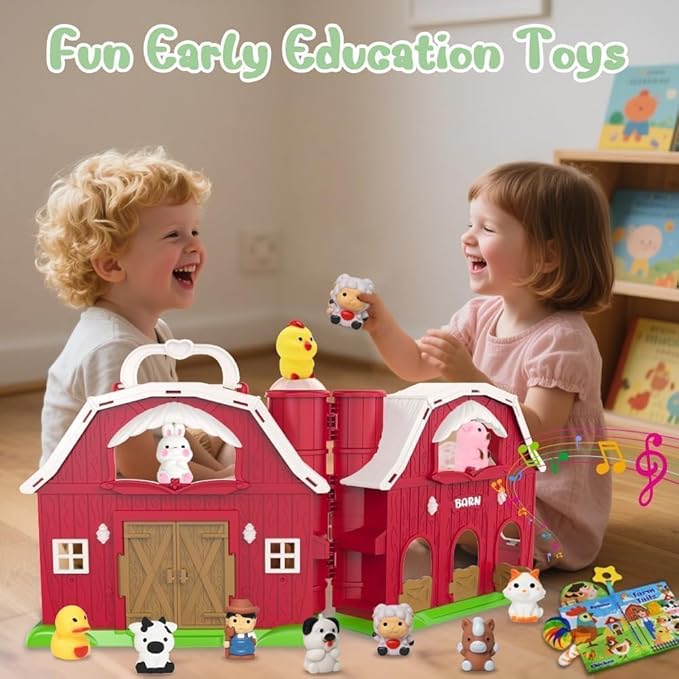 Kimicare Musical Red Barn Toy Farm Animal Finger Puppets for 3 4 5 Years Old, Animal Figures Playset with Farm Baby Book, Sensory Learning Toys Birthday Gifts for Kids Boys Girls