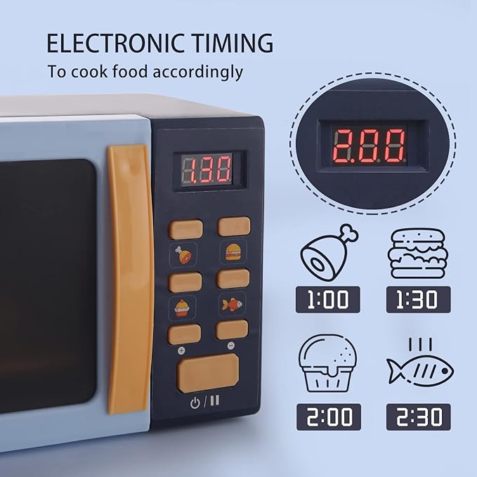 Kids Microwave Toy with Light and Sound, Realistic Toy Kitchen Appliances, Play Kitchen Accessories and Play Food for Toddlers 3 Year Old Up Girls Boys, Blue