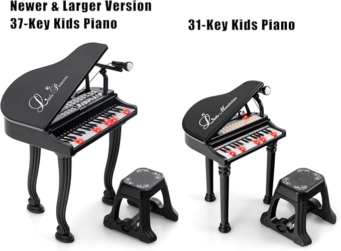 HONEY JOY Classical Kids Piano, 31-Key Toy Mini Grand Piano with Music Stand & Stool, Portable Electronic Educational Musical Instrument Toy w/ Microphone, Lights, Gift for Kids (Black, 31 Keys)