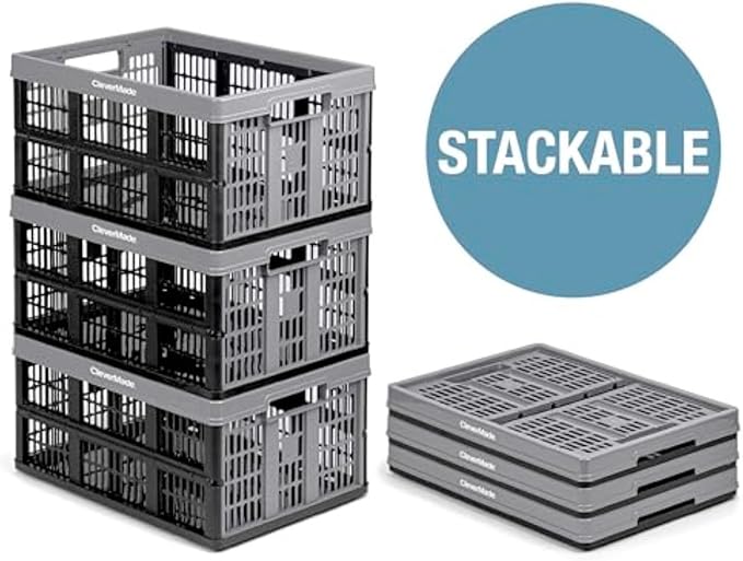 CleverMade Collapsible Utility Crates, Ocean, 3 Pack, 45L/11 Gal, 66 lbs Capacity, Stackable Containers, Heavy Duty, Space-Saving Baskets,Polypropylene (PP)