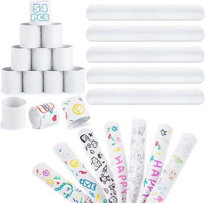 LovesTown 54PCS Slap Bracelets White, Party Slap Bracelets DIY Wrist Bands Bulk Blank Snap Band for Kids Birthday Party Favors School Crafts