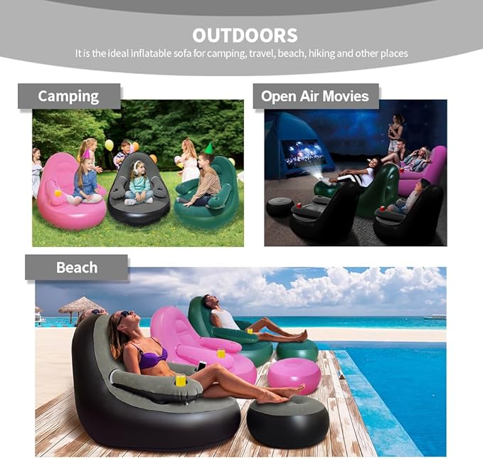 Set of 3 Inflatable Armrest Lounge Chair with Ottoman,Hand Pump,Eye Mask,Earplugs-Portable Blow Up Sofa, Air Chaise Lounge, Ideal Lazy Couch Set for Family Movie Night,Gaming,Party,Camping,Garden……