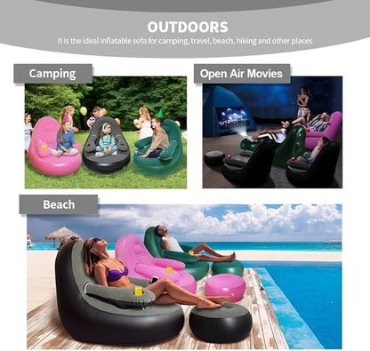 Set of 3 Inflatable Armrest Lounge Chair with Ottoman,Hand Pump,Eye Mask,Earplugs-Portable Blow Up Sofa, Air Chaise Lounge, Ideal Lazy Couch Set for Family Movie Night,Gaming,Party,Camping,Garden……
