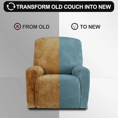 FestiCorp Recliner Chair Covers Real Velvet 4-Pieces Recliner Covers for Small Lazy Boy Recliner Chair Stretch Recliner Sofa Slipcovers Furniture Protector with Side Pocket&Elastic Bottom, Stone Blue