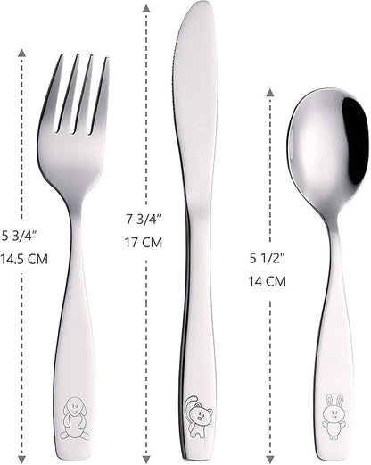 ANNOVA Children's Flatware 6 Pieces Set - Stainless Steel Cutlery/Silverware 2 x Safe Forks, 2 x Dinner Knife, 2 x Dinner Spoon - Safe Kids Toddler Utensils Lunch Box (Engraved Dog Cat Bunny)
