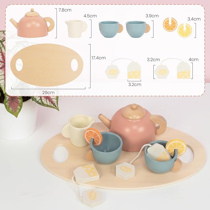 Wooden Tea Sets for Toddlers 3-5, Girl Chrismas Birthday Gift 3 Year Old Princess Party, Wooden Play Food Toy Sets for Kids Kitchen Accessories