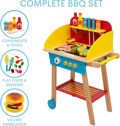 Cook 'N Grill Wood Toy BBQ Set- Pretend Play Wooden Barbeque Food & Grilling Tools for Kids, 30+ Pieces Feat Spatula, Burger & More, Fun Indoor Activity Playset, Daycare, Playroom Centers or Gift