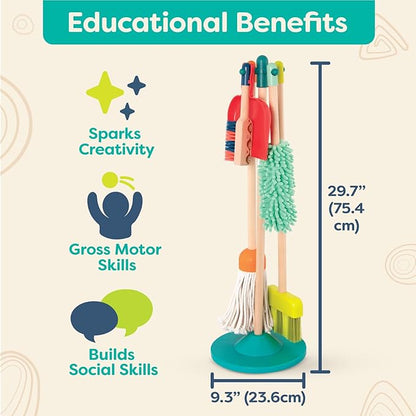 B. toys- Clean n' Play- Pretend Play Wooden Cleaning Set- Playset for Toddlers – Broom, Dustpan, Brush- 2 Years +