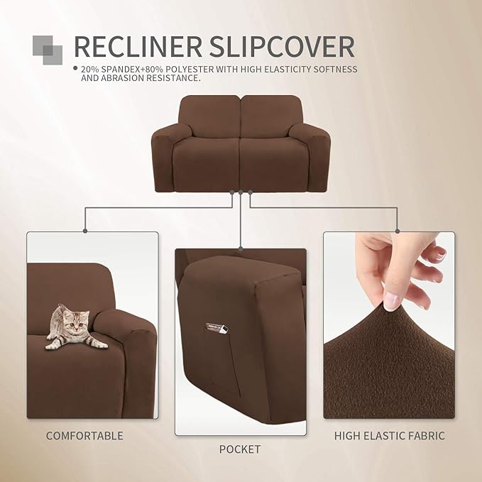 Easy-Going 6 Pieces Microfiber Stretch Sectional Recliner Sofa Slipcover Soft Fitted Fleece 2 Seats Couch Cover Washable Furniture Protector with Elasticity for Kids(Recliner Loveseat, Brown)