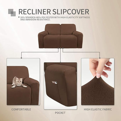 Easy-Going 6 Pieces Microfiber Stretch Sectional Recliner Sofa Slipcover Soft Fitted Fleece 2 Seats Couch Cover Washable Furniture Protector with Elasticity for Kids(Recliner Loveseat, Brown)
