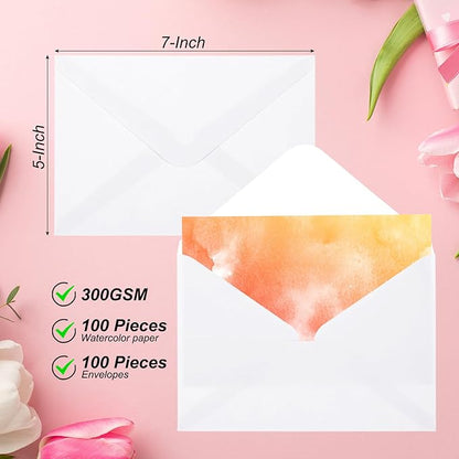 PATIKIL 200 Sets Pure Cotton Watercolor Cards 140lb/300 GSM Postcards with Envelopes for Art Painting Creative Thank Notes, 5x7 Inch