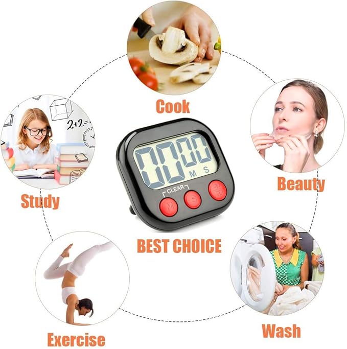 2 Pack Digital Kitchen Timer Big LCD Screen Loud Alarm Strong Magnetic Back and Stand Minute Seconds Count Up Countdown and Simple Operation for Homework Game Exercise Kids Cooking Timers (Black+Red)