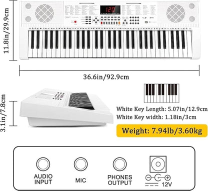 Vangoa Keyboard Piano 61 Key, Full Size Electric Piano Keyboard Light UP Keys with 3 Teaching Modes, Learning Music Keyboard Piano with Stand Headphones for Beginners, VGK6101 White